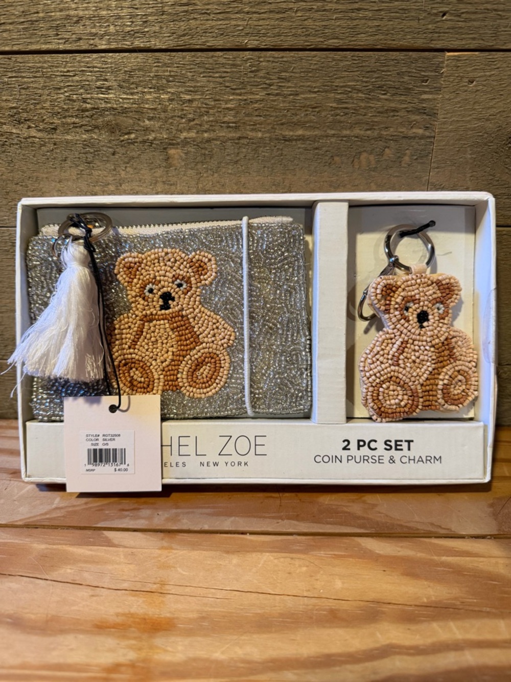 Rachel Zoe Silver Beaded Coin Purse with Beige Teddy Charm